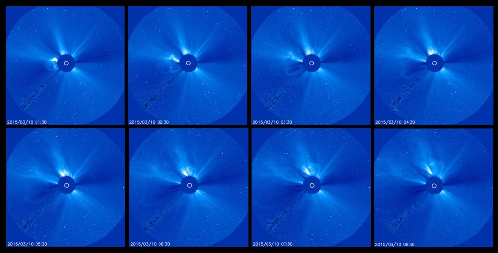 Koronamassutkasten 10:e mars 2015. Bildserien visar händelseloppet mellan 01:30 och 08:30 UT. Bilderna är tagna från SOHO med Large Angle and Spectrometric Coronagraph, LASCO C3. Bildens diameter vid solen är 45 miljoner kilometer.