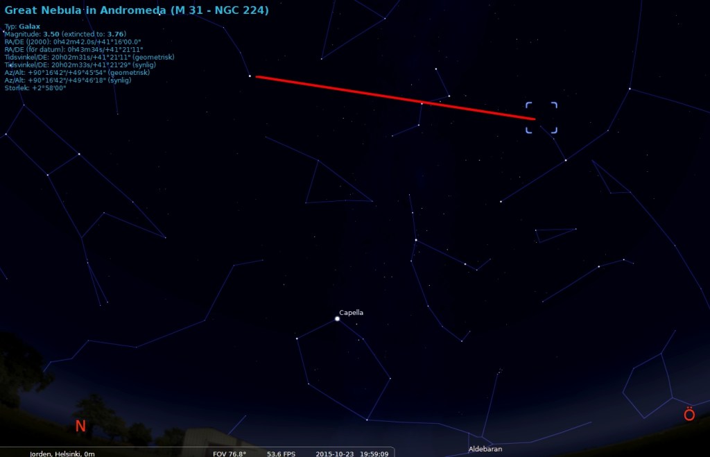 Nu när du har hittat Cassiopeja kan du relativt enkelt hitta Pegasus, stjärnbilden som innehar galaxen Andromeda. Genom att gå från Caph och Shedir, i Cassiopeja, kommer du till Almaak i Pegasus stjärnbild. Andromeda kan man också hitta genom Polstjärnan och y Cas vidare så hittar man galaxen.