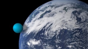 EYES IN SPACE More than 2/3 of our home planet is covered by water. However, all water on earth – in oceans, glaciers, lakes, the water in rivers and groundwater – could pe placed into the blue sphere to the left.