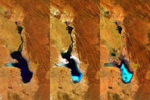 ESAs diskmaskinsstora satellit, Proba-V, har tagit dessa bilder över Bolivias näst största sjö, Lake Poopó, 27.4.2014, 20.7.2015 och 22.1.2016 Occupying a depression in the Altiplano mountains, the saline Lake Poopó has in the past spanned an area of 3000 square kilometres – greater than France’s Réunion Island. Credit: ESA/Belspo – produced by VITO